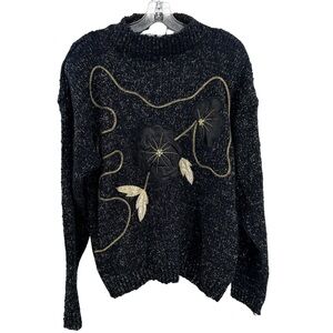 Shenanigans vintage navy gold metallic black floral mockneck sweater embroidered